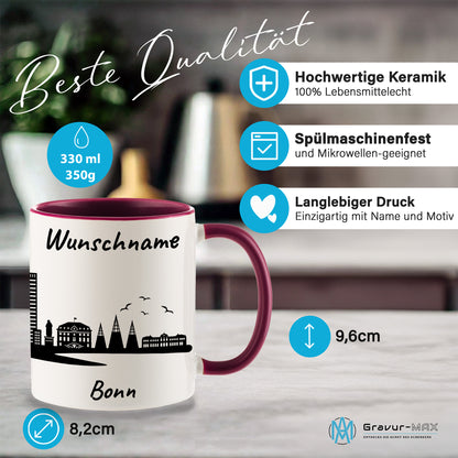 Tasse in Bordeauxrot 330ml bedruckt mit der Skyline von Bonn personalisierbar mit Wunschname