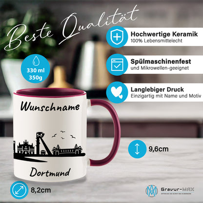 Tasse in Bordeauxrot 330ml bedruckt mit der Skyline von Dortmund personalisierbar mit Wunschname