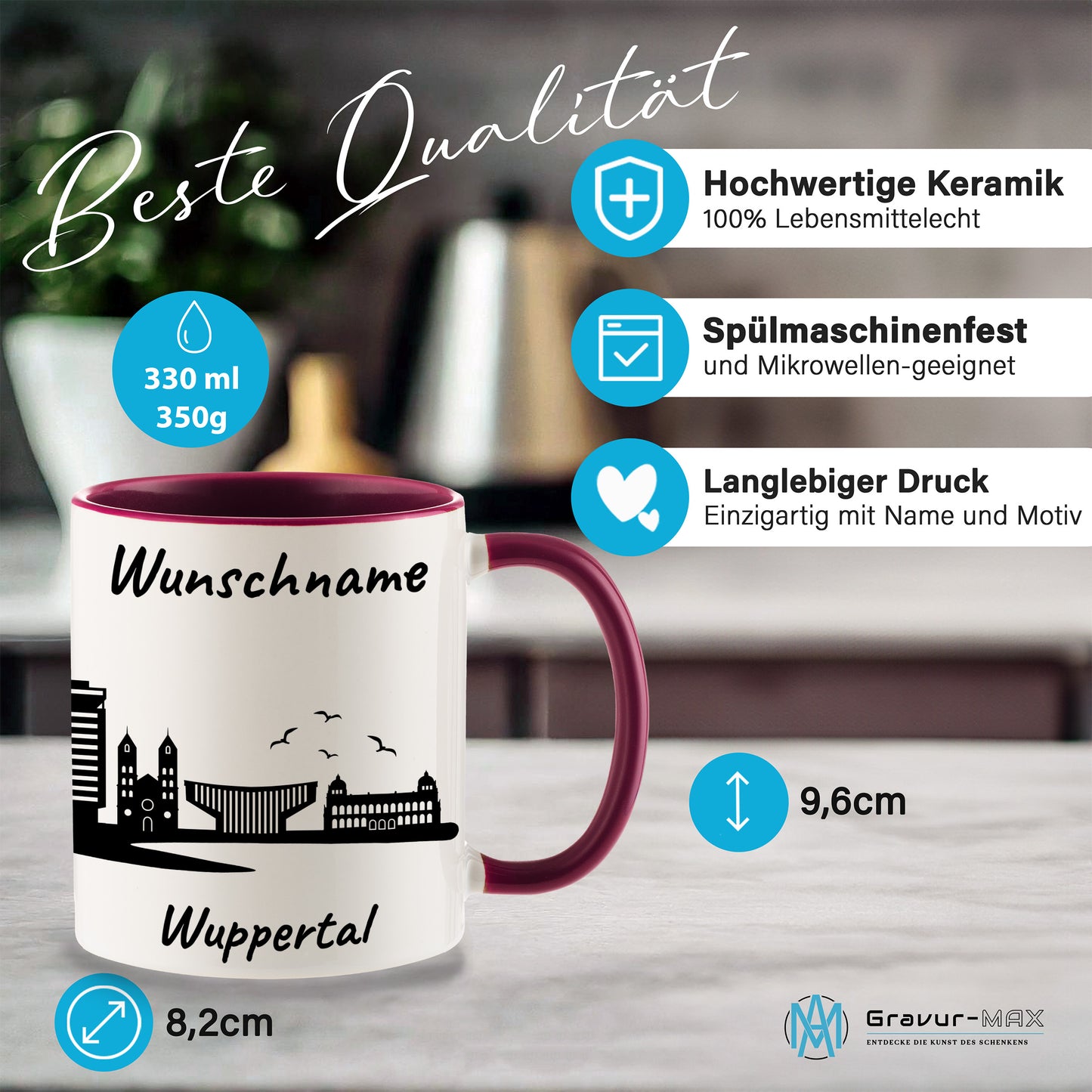 Tasse in Bordeauxrot 330ml bedruckt mit der Skyline von Wuppertal personalisierbar mit Wunschname