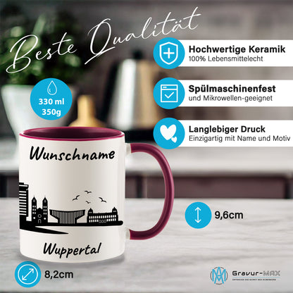 Tasse in Bordeauxrot 330ml bedruckt mit der Skyline von Wuppertal personalisierbar mit Wunschname