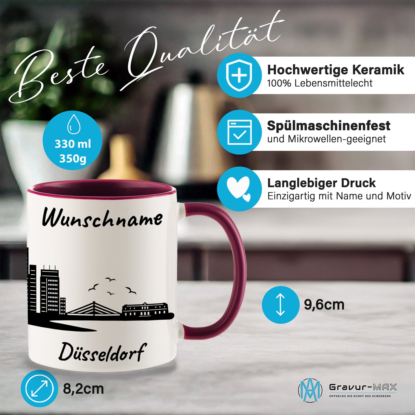 Tasse in Bordeauxrot 330ml bedruckt mit der Skyline von Düsseldorf personalisierbar mit Wunschname