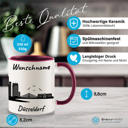Tasse in Bordeauxrot 330ml bedruckt mit der Skyline von Düsseldorf personalisierbar mit Wunschname