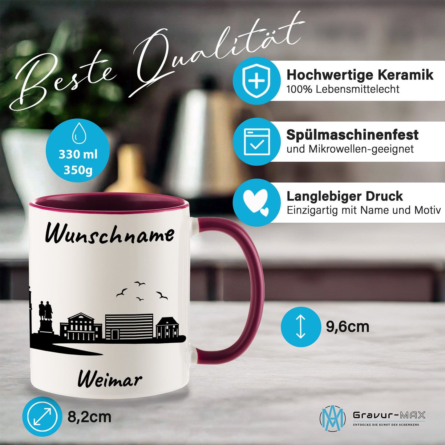 Tasse in Bordeauxrot 330ml bedruckt mit der Skyline von Weimar personalisierbar mit Wunschname
