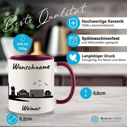 Tasse in Bordeauxrot 330ml bedruckt mit der Skyline von Weimar personalisierbar mit Wunschname