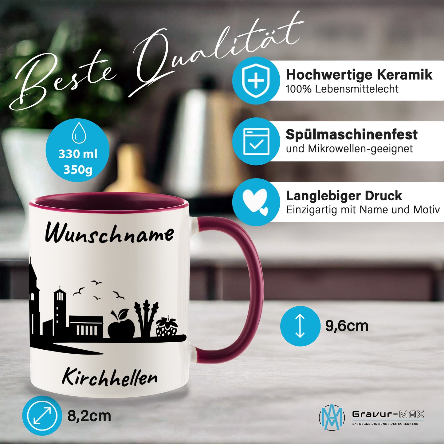 Tasse in Bordeauxrot 330ml bedruckt mit der Skyline von Kirchhellen personalisierbar mit Wunschname