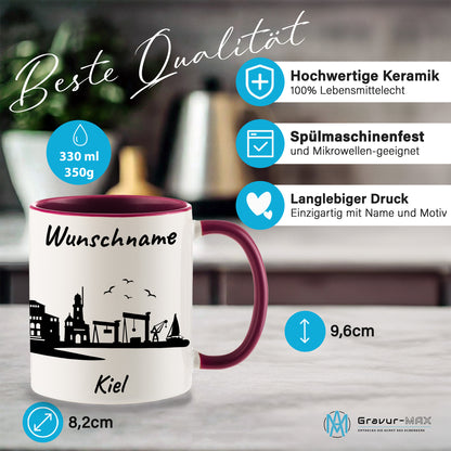 Tasse in Bordeauxrot 330ml bedruckt mit der Skyline von Kiel personalisierbar mit Wunschname