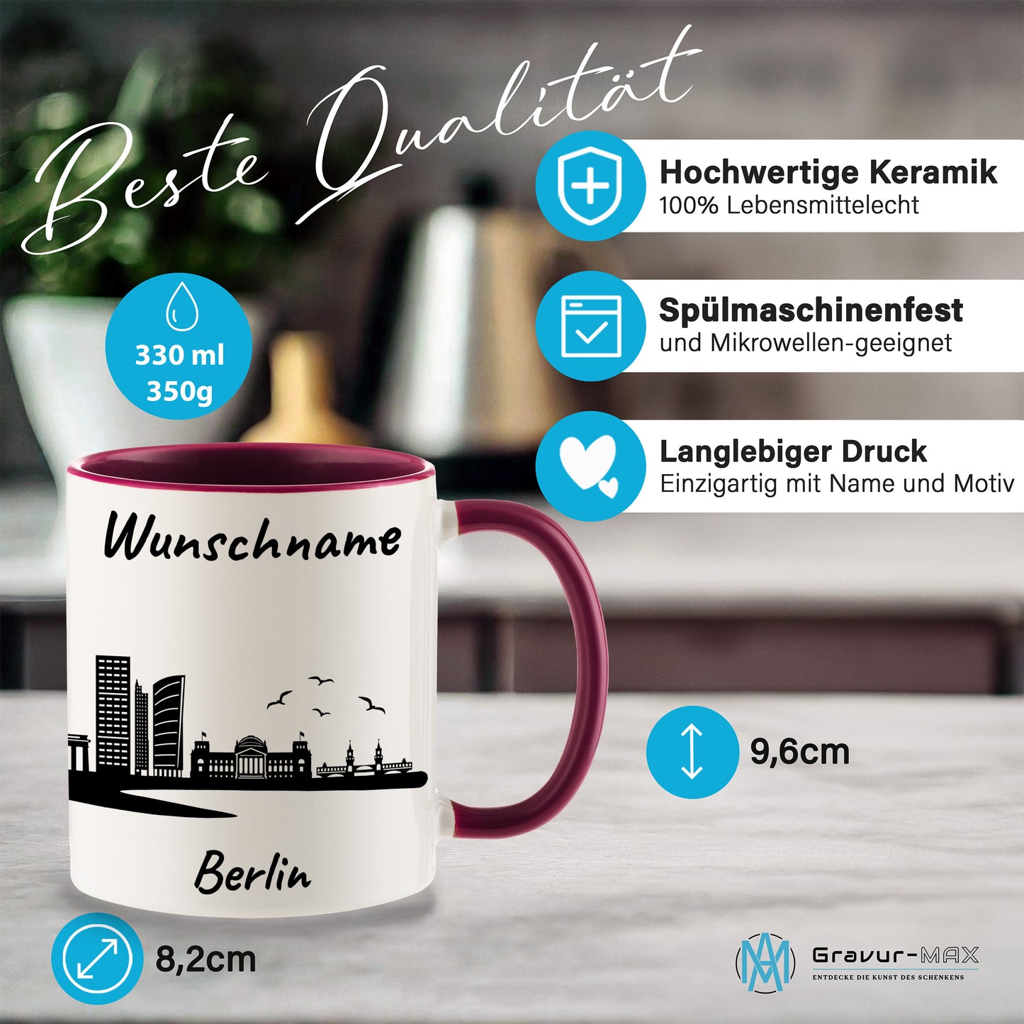 Tasse in Bordeauxrot 330ml bedruckt mit der Skyline von Berlin personalisierbar mit Wunschname