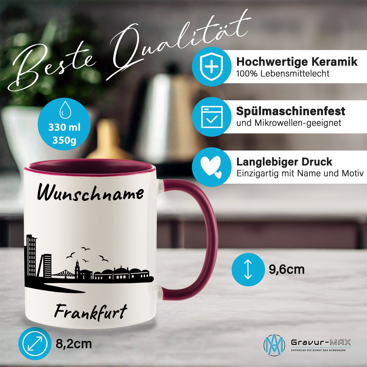 Tasse in Bordeauxrot 330ml bedruckt mit der Skyline von Frankfurt personalisierbar mit Wunschname