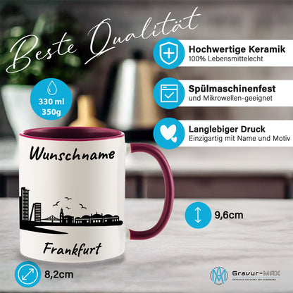 Tasse in Bordeauxrot 330ml bedruckt mit der Skyline von Frankfurt personalisierbar mit Wunschname