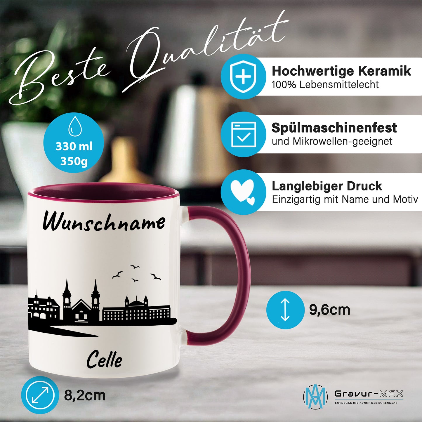Tasse in Bordeauxrot 330ml bedruckt mit der Skyline von Celle personalisierbar mit Wunschname