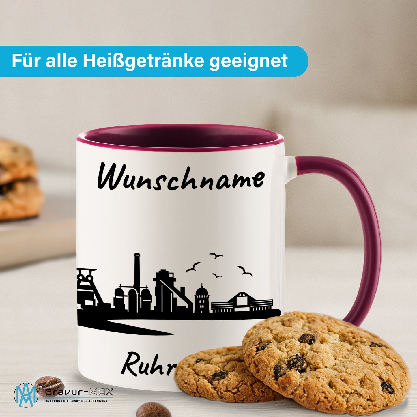 Tasse in Bordeauxrot 330ml bedruckt mit der Skyline von Ruhrgebiet personalisierbar mit Wunschname