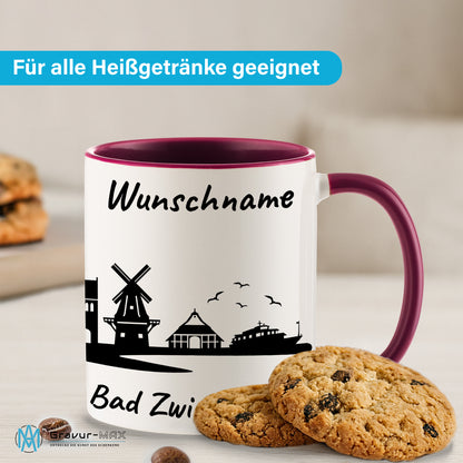 Tasse in Bordeauxrot 330ml bedruckt mit der Skyline von Bad Zwischenahn personalisierbar mit Wunschname