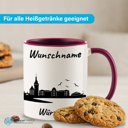 Tasse in Bordeauxrot 330ml bedruckt mit der Skyline von Würzburg personalisierbar mit Wunschname