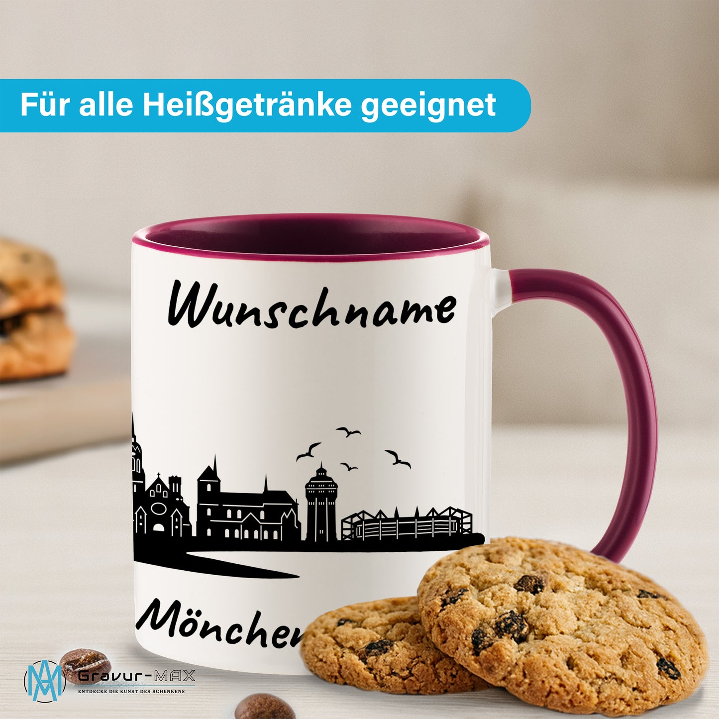 Tasse in Bordeauxrot 330ml bedruckt mit der Skyline von Mönchengladbach personalisierbar mit Wunschname