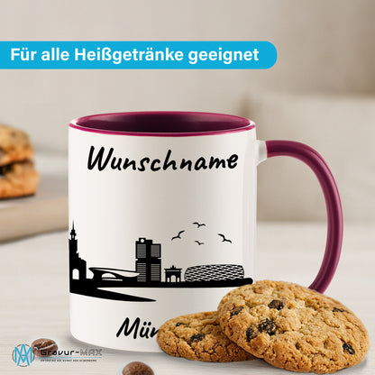 Tasse in Bordeauxrot 330ml bedruckt mit der Skyline von München personalisierbar mit Wunschname