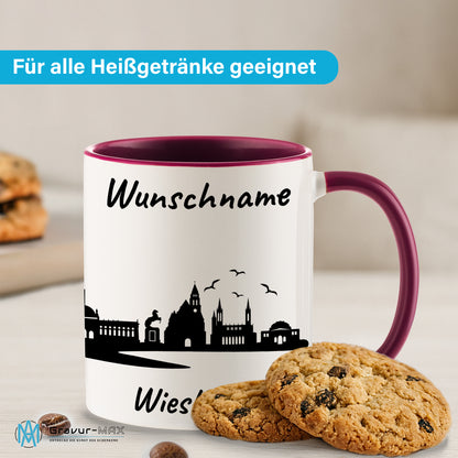 Tasse in Bordeauxrot 330ml bedruckt mit der Skyline von Wiesbaden personalisierbar mit Wunschname