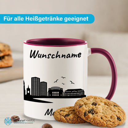 Tasse in Bordeauxrot 330ml bedruckt mit der Skyline von Mainz personalisierbar mit Wunschname