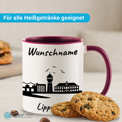Tasse in Bordeauxrot 330ml bedruckt mit der Skyline von Lippstadt personalisierbar mit Wunschname