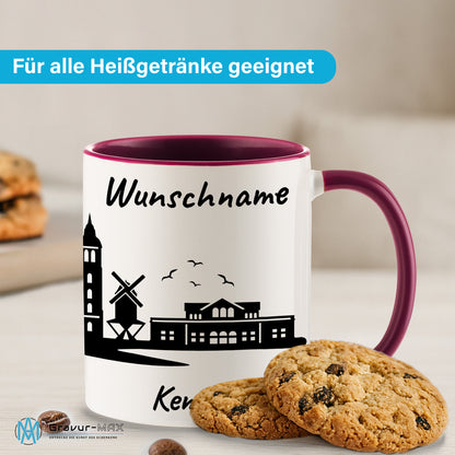 Tasse in Bordeauxrot 330ml bedruckt mit der Skyline von Kempen personalisierbar mit Wunschname