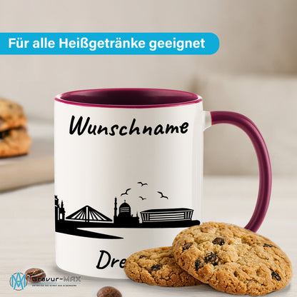 Tasse in Bordeauxrot 330ml bedruckt mit der Skyline von Dresden personalisierbar mit Wunschname