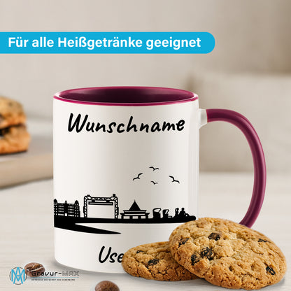 Tasse in Bordeauxrot 330ml bedruckt mit der Skyline von Usedom personalisierbar mit Wunschname
