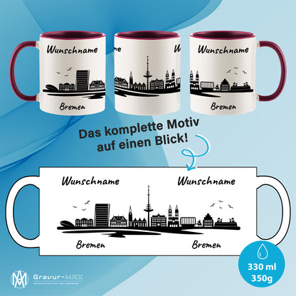 Tasse in Bordeauxrot 330ml bedruckt mit der Skyline von Bremen personalisierbar mit Wunschname