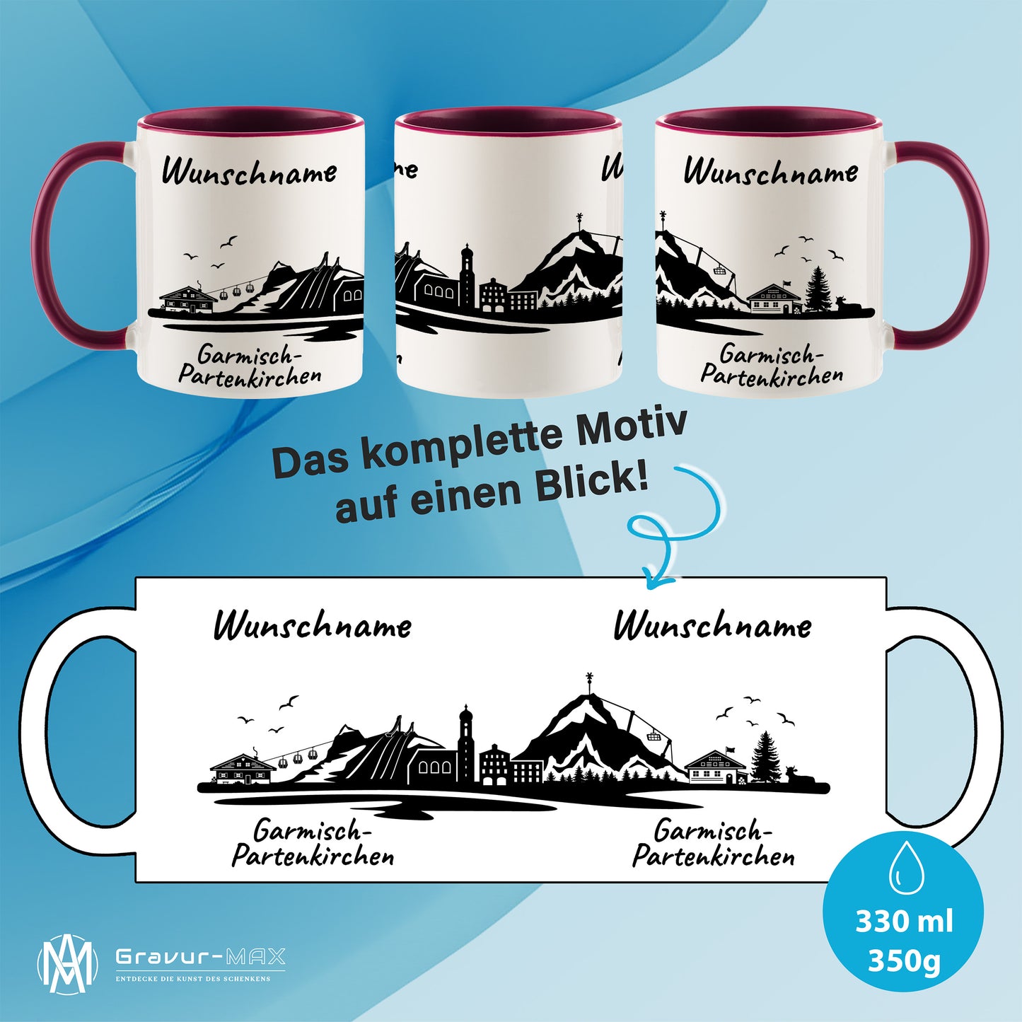 Tasse in Bordeauxrot 330ml bedruckt mit der Skyline von Garmisch-Partenkirchen personalisierbar mit Wunschname