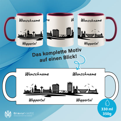 Tasse in Bordeauxrot 330ml bedruckt mit der Skyline von Wuppertal personalisierbar mit Wunschname