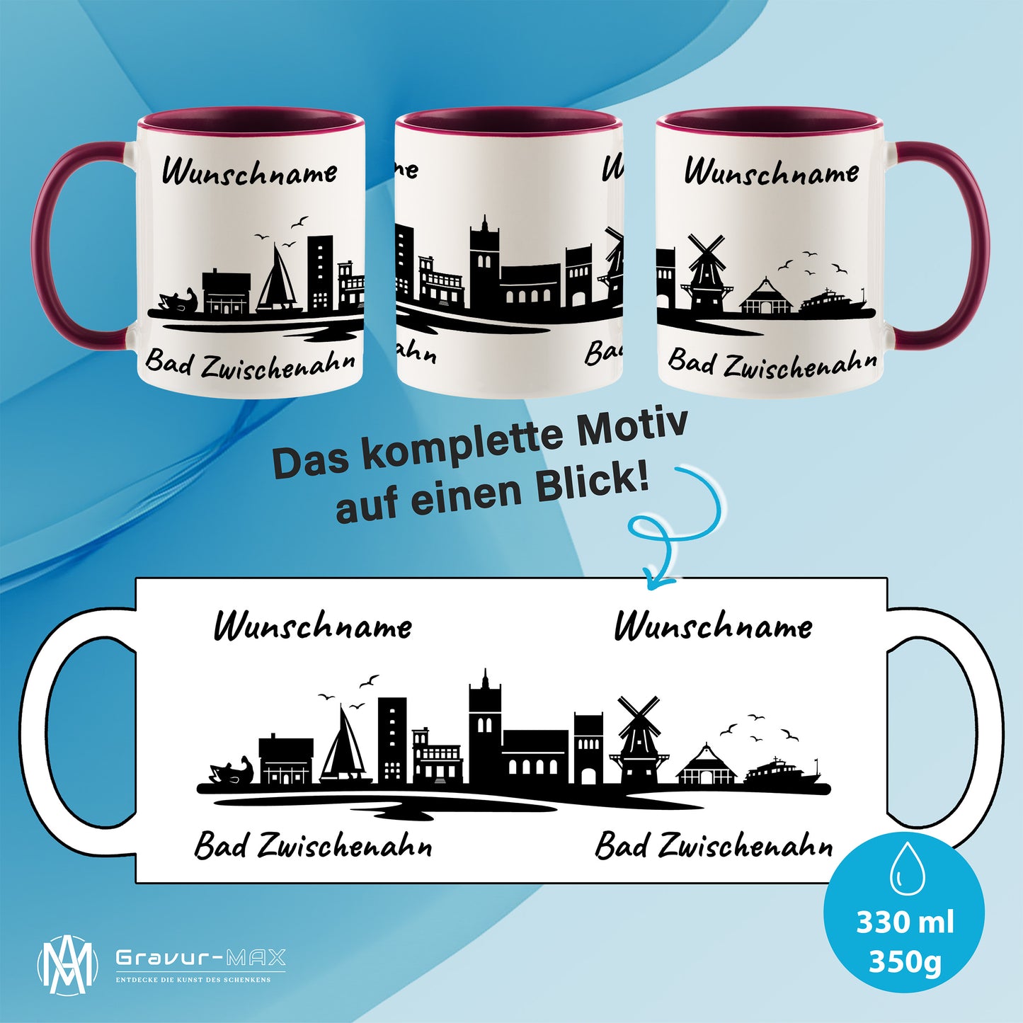 Tasse in Bordeauxrot 330ml bedruckt mit der Skyline von Bad Zwischenahn personalisierbar mit Wunschname