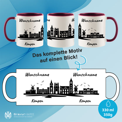 Tasse in Bordeauxrot 330ml bedruckt mit der Skyline von Kempen personalisierbar mit Wunschname