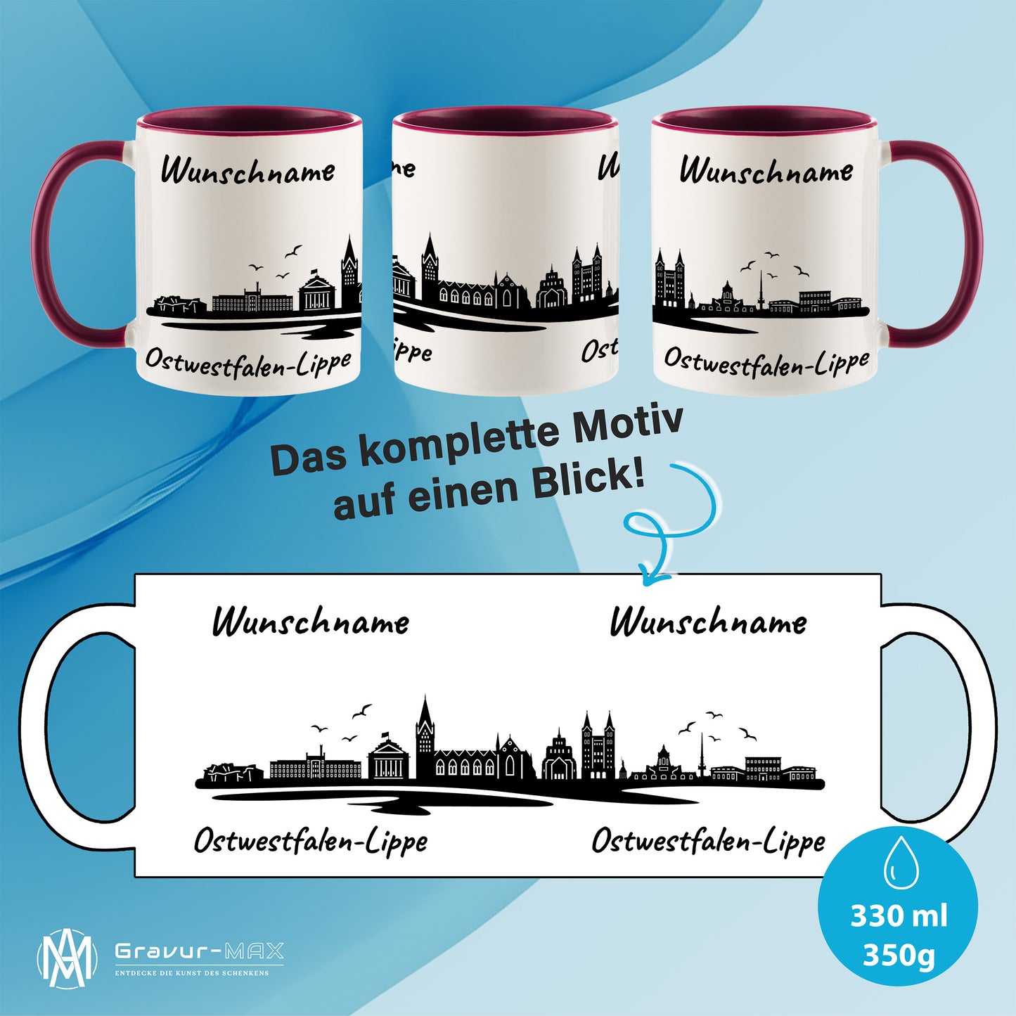 Tasse in Bordeauxrot 330ml bedruckt mit der Skyline von Ostwestfalen-Lippe personalisierbar mit Wunschname
