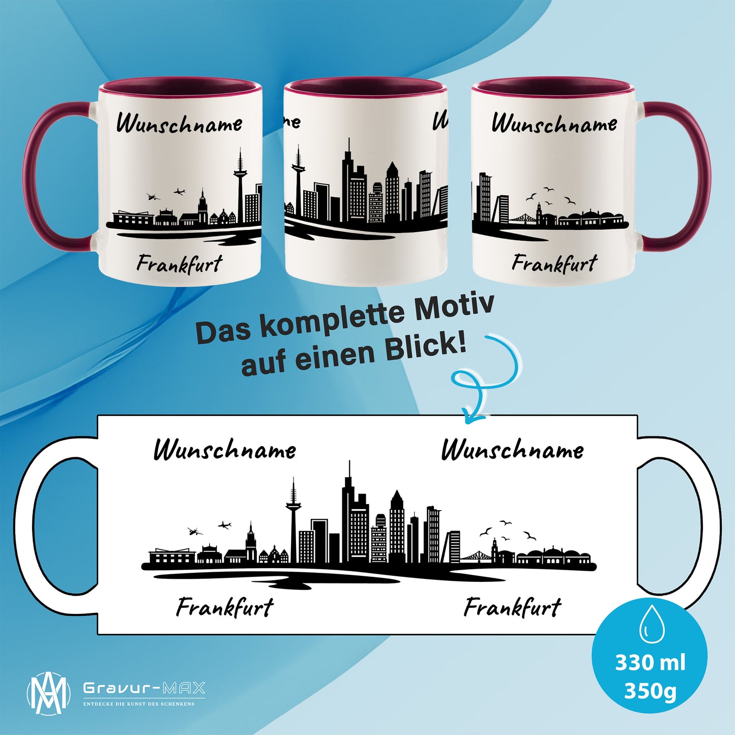 Tasse in Bordeauxrot 330ml bedruckt mit der Skyline von Frankfurt personalisierbar mit Wunschname