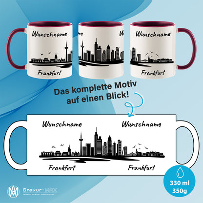 Tasse in Bordeauxrot 330ml bedruckt mit der Skyline von Frankfurt personalisierbar mit Wunschname