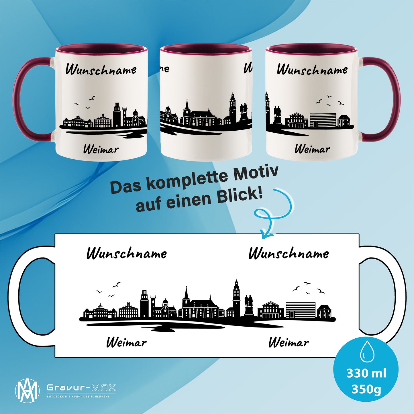 Tasse in Bordeauxrot 330ml bedruckt mit der Skyline von Weimar personalisierbar mit Wunschname