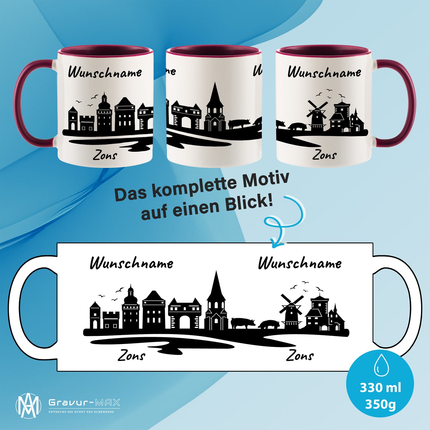 Tasse in Bordeauxrot 330ml bedruckt mit der Skyline von Zons (Dormagen) personalisierbar mit Wunschname