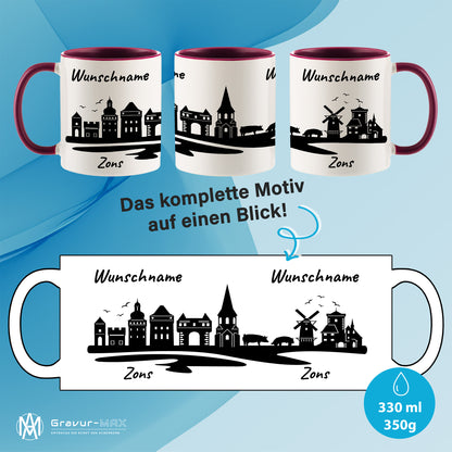 Tasse in Bordeauxrot 330ml bedruckt mit der Skyline von Zons (Dormagen) personalisierbar mit Wunschname