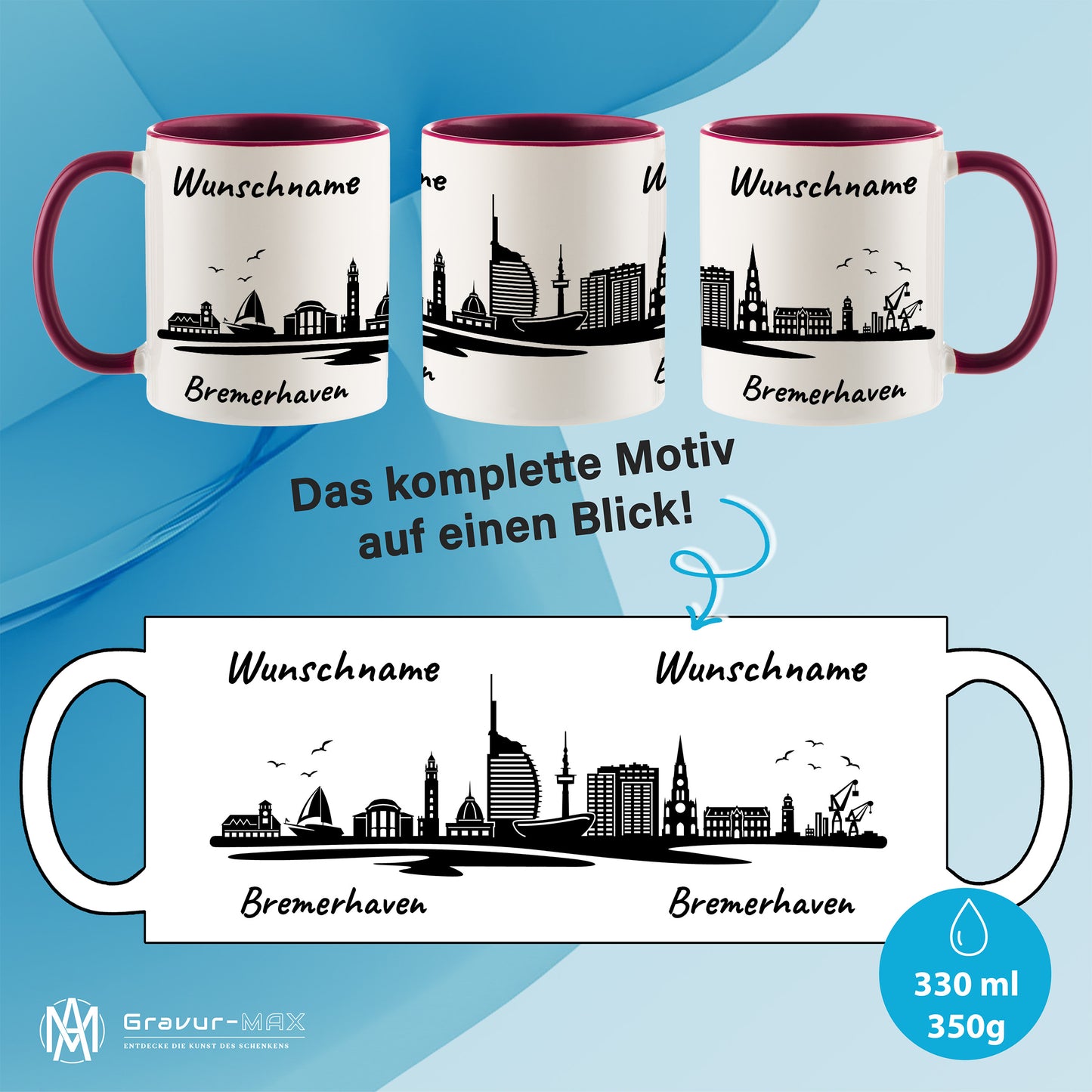 Tasse in Bordeauxrot 330ml bedruckt mit der Skyline von Bremerhaven personalisierbar mit Wunschname