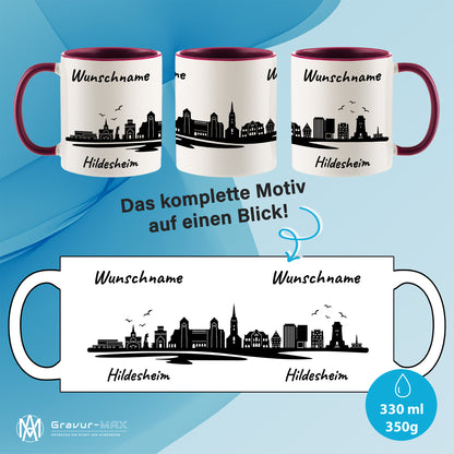 Tasse in Bordeauxrot 330ml bedruckt mit der Skyline von Hildesheim personalisierbar mit Wunschname