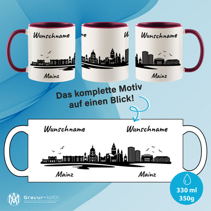 Tasse in Bordeauxrot 330ml bedruckt mit der Skyline von Mainz personalisierbar mit Wunschname