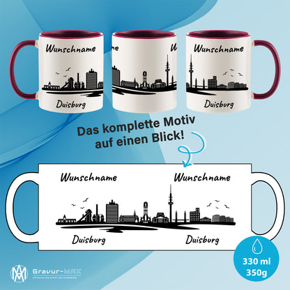 Tasse in Bordeauxrot 330ml bedruckt mit der Skyline von Duisburg personalisierbar mit Wunschname