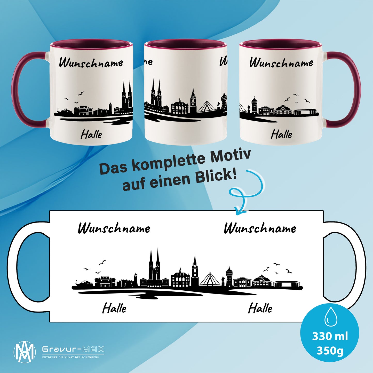 Tasse in Bordeauxrot 330ml bedruckt mit der Skyline von Halle personalisierbar mit Wunschname