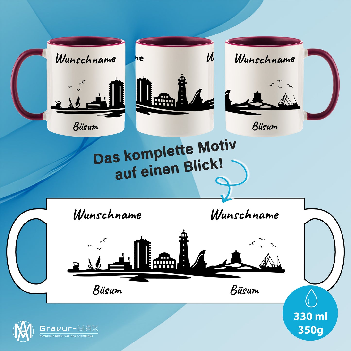 Tasse in Bordeauxrot 330ml bedruckt mit der Skyline von Büsum personalisierbar mit Wunschname