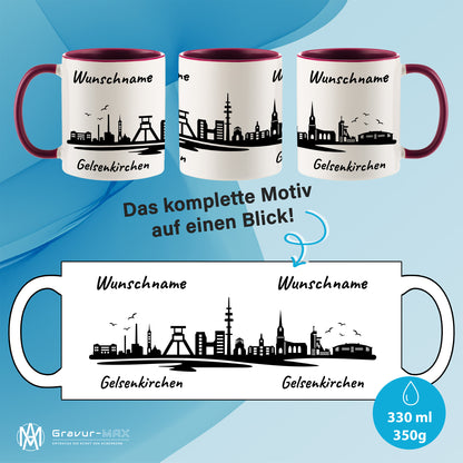 Tasse in Bordeauxrot 330ml bedruckt mit der Skyline von Gelsenkirchen personalisierbar mit Wunschname