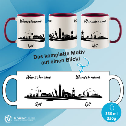 Tasse in Bordeauxrot 330ml bedruckt mit der Skyline von Sylt personalisierbar mit Wunschname