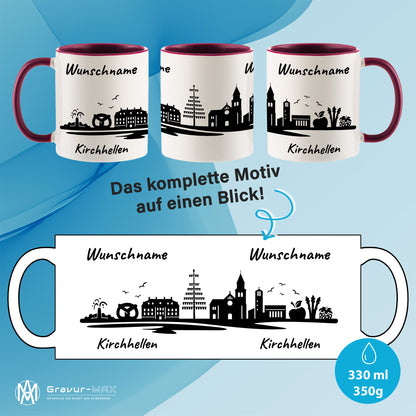 Tasse in Bordeauxrot 330ml bedruckt mit der Skyline von Kirchhellen personalisierbar mit Wunschname