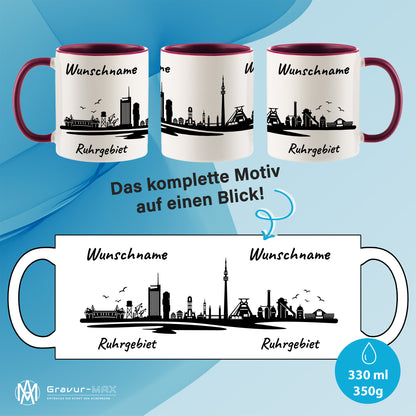 Tasse in Bordeauxrot 330ml bedruckt mit der Skyline von Ruhrgebiet personalisierbar mit Wunschname