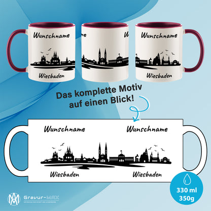 Tasse in Bordeauxrot 330ml bedruckt mit der Skyline von Wiesbaden personalisierbar mit Wunschname