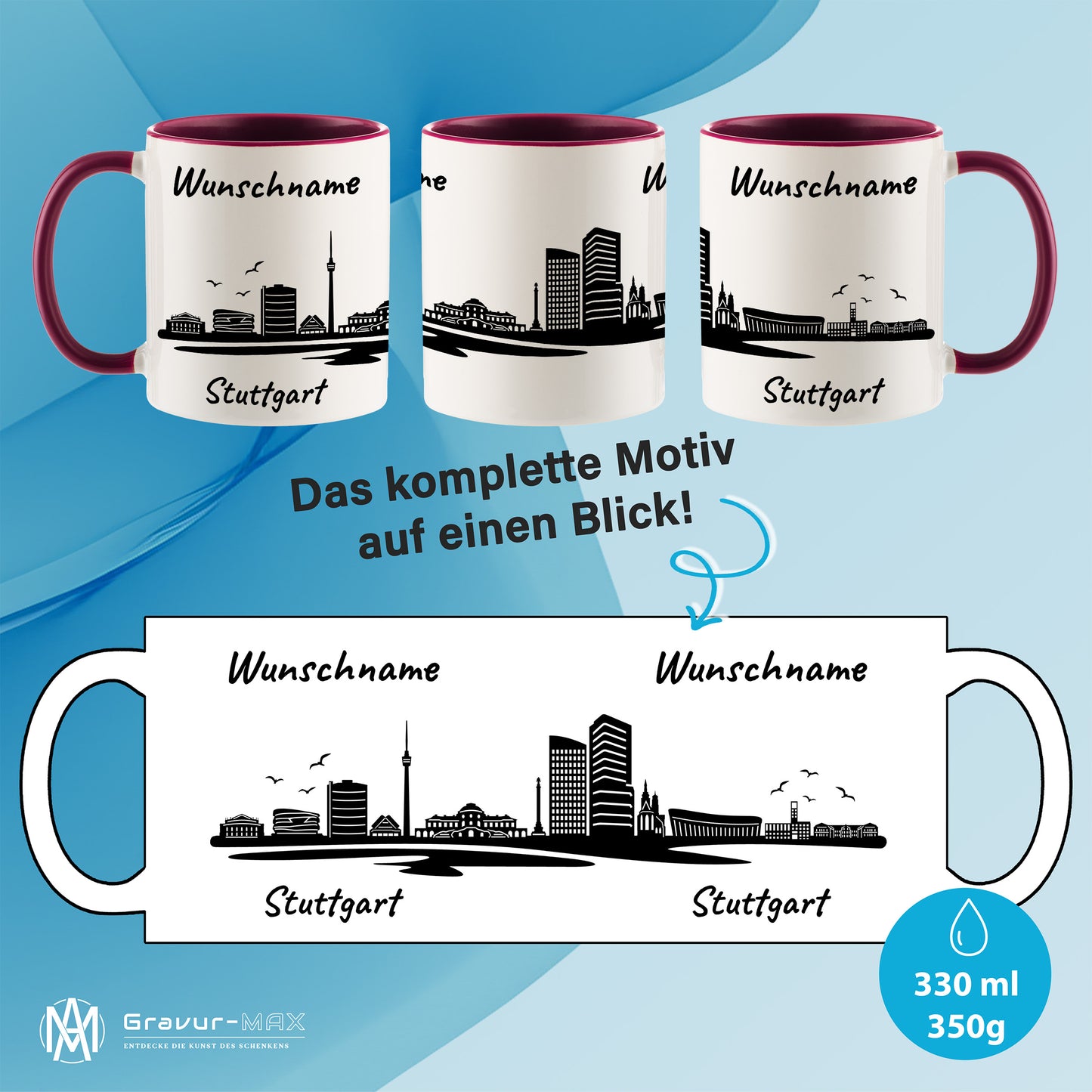 Tasse in Bordeauxrot 330ml bedruckt mit der Skyline von Stuttgart personalisierbar mit Wunschname
