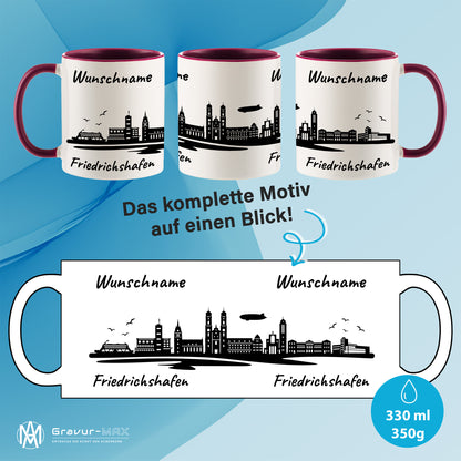 Tasse in Bordeauxrot 330ml bedruckt mit der Skyline von Friedrichshafen personalisierbar mit Wunschname