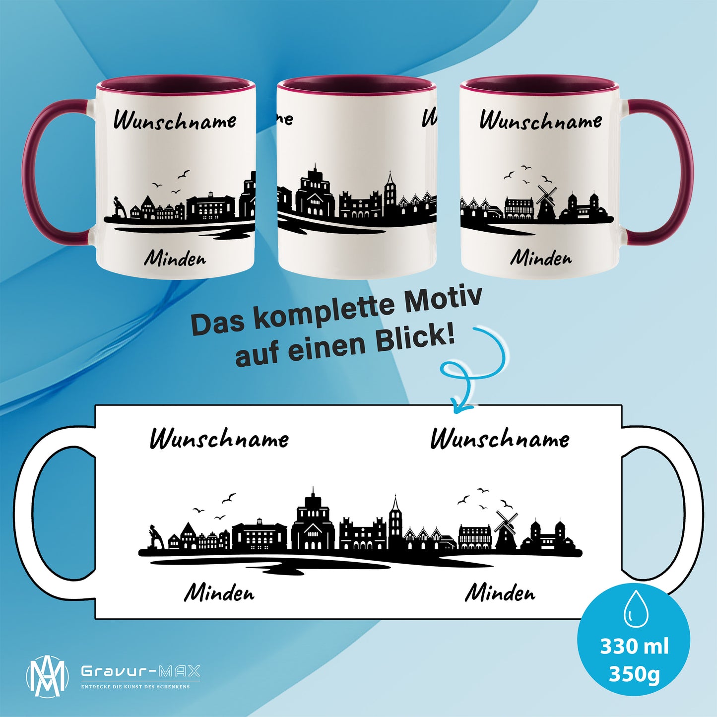 Tasse in Bordeauxrot 330ml bedruckt mit der Skyline von Minden personalisierbar mit Wunschname